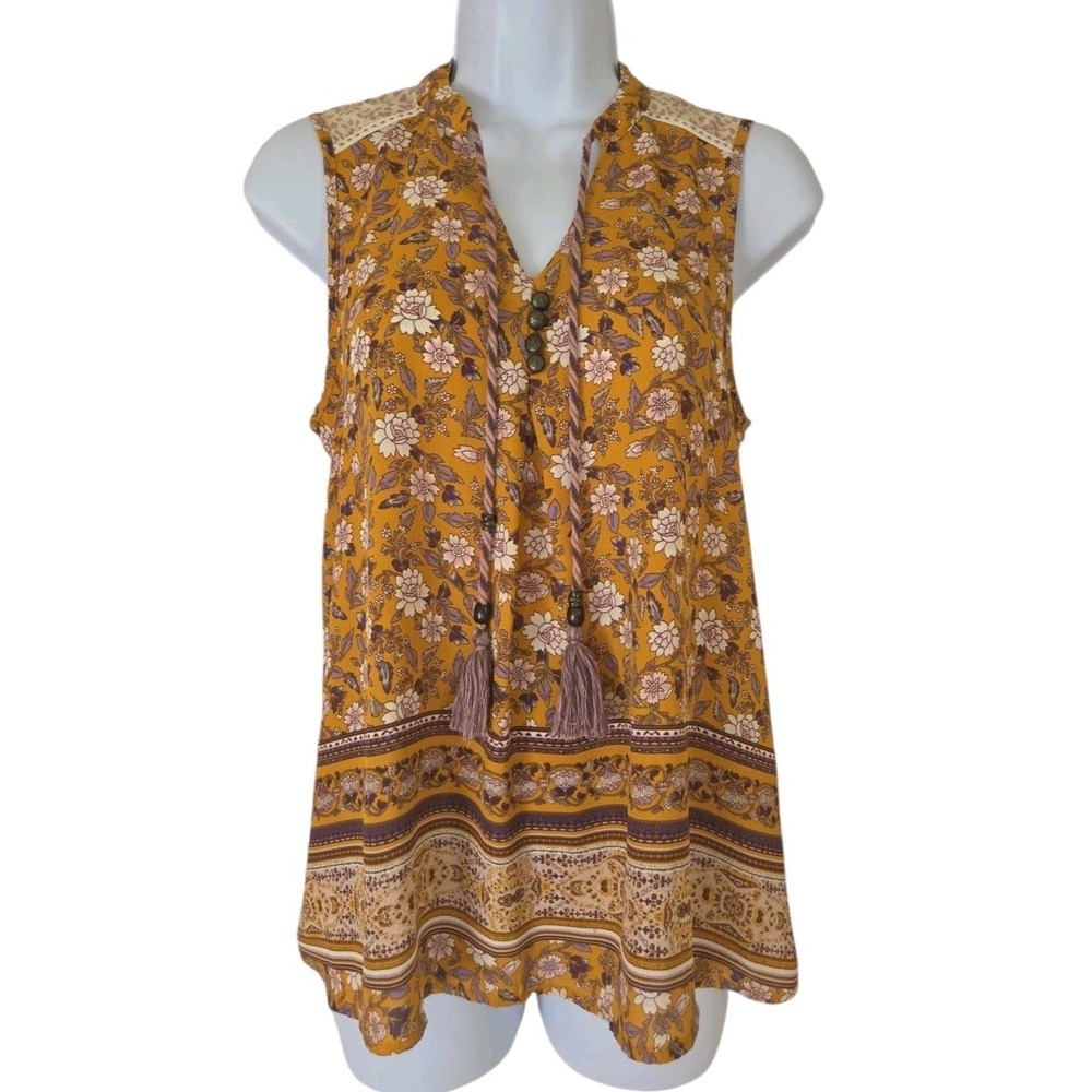 Xhilaration Popover Top XS Gold Floral Sleeveless Beachy Boho Flowy Tasseled